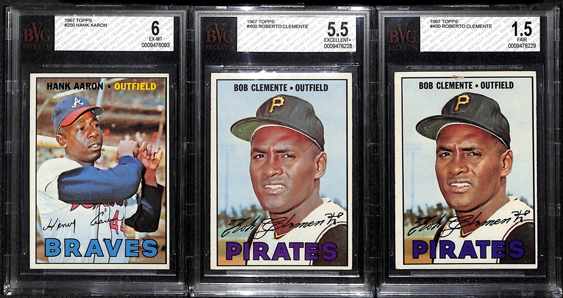Lot Of 3 1967 Topps BVG Graded Cards: Clemente & Aaron