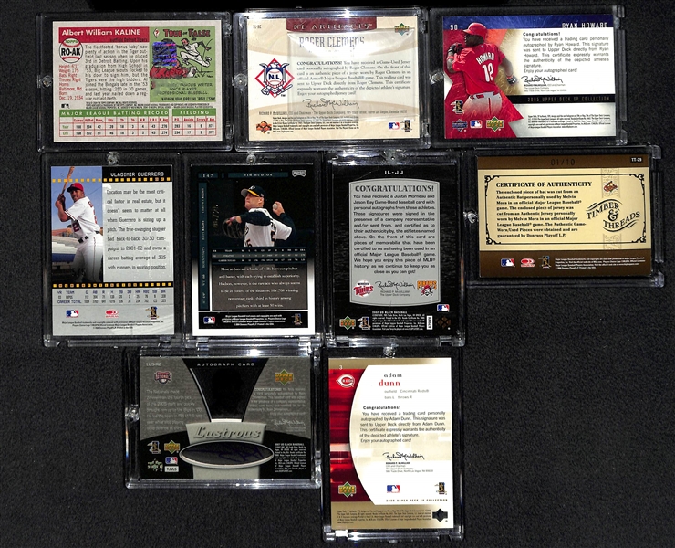 Lot Of 9 Baseball HOF & Stars Autograph Cards w. Kaline & Clemens