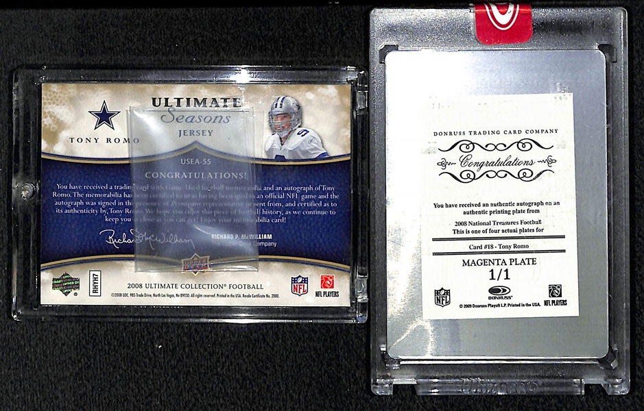 Lot Of 2 Tony Romo Autograph Cards w. 1/1 Printing Plate