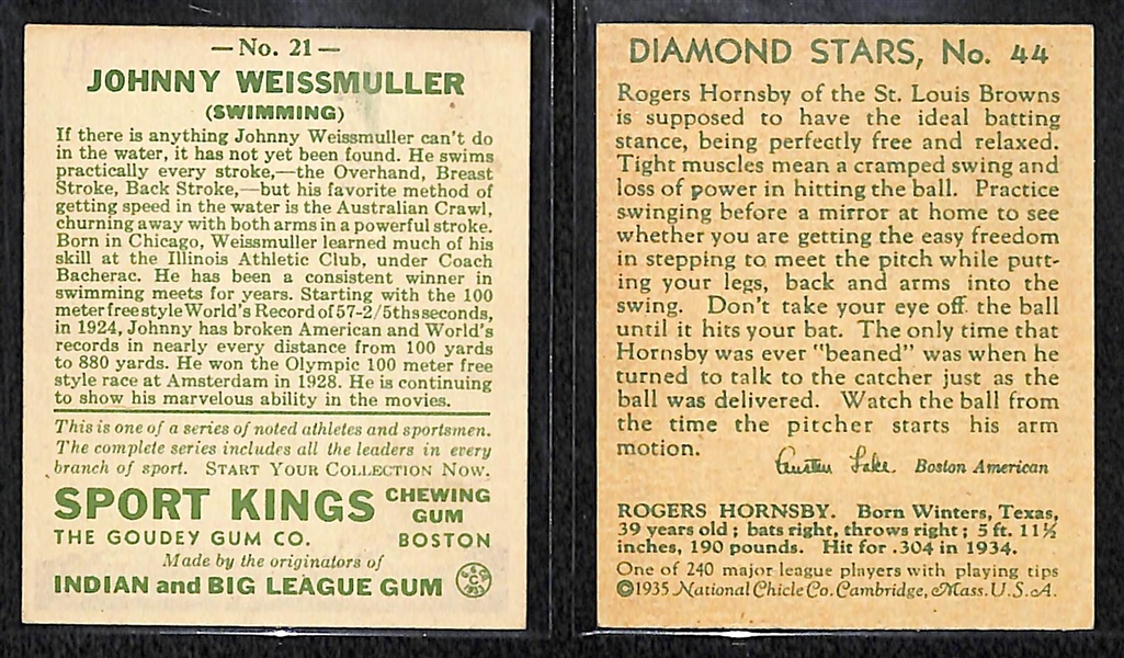 1933 Goudey Sport Kings Johnny Weissmuller & 1935 Diamond Stars #44 Rogers Hornsby
