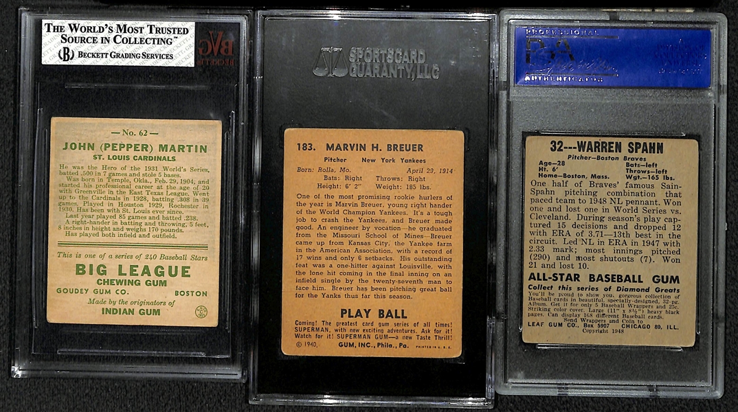 1933 Goudey #62 Pepper Martin BVG 4.5, 1940 Playball #183 Breuer SGC 30, & 1948 Leaf Warren Spahn PSA 3