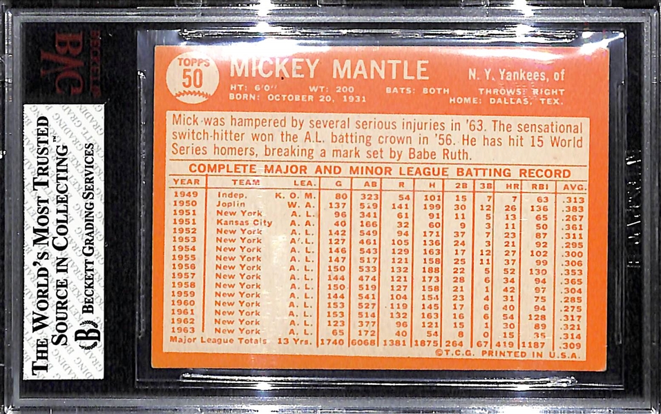 1964 Topps #50 Mickey Mantle Card BVG 5