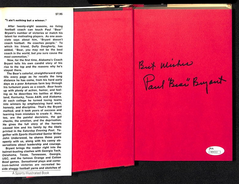 Paul Bear Bryant Autographed Autobiography - JSA