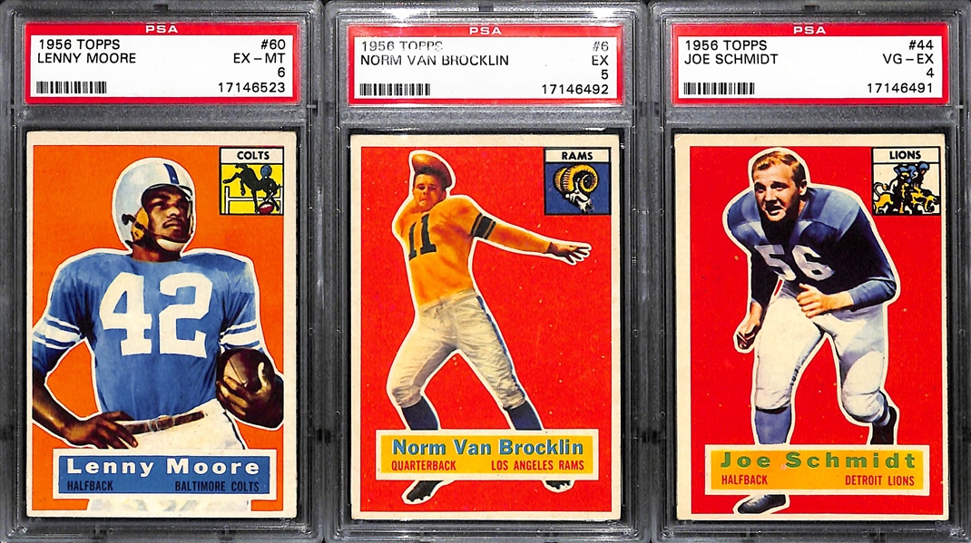 Lot of 3 1956 Topps Cards - #60 Lenny Moore Rookie Card PSA 6, #6 Norm Van Brocklin PSA 5, & #44 Joe Schmidt PSA 4