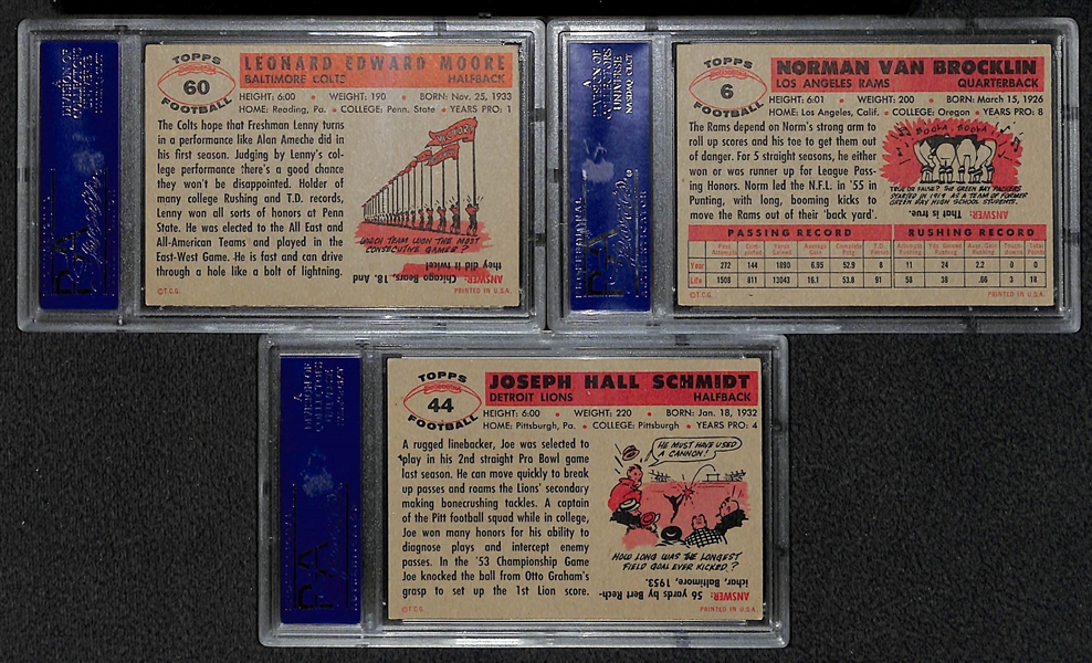 Lot of 3 1956 Topps Cards - #60 Lenny Moore Rookie Card PSA 6, #6 Norm Van Brocklin PSA 5, & #44 Joe Schmidt PSA 4