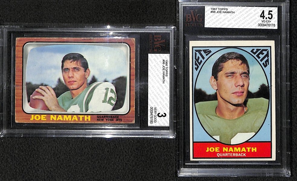 Lot of 2 Topps Joe Namath Cards - 1966 #96 Namath BVG 3 & 1967 #98 Namath BVG 4.5
