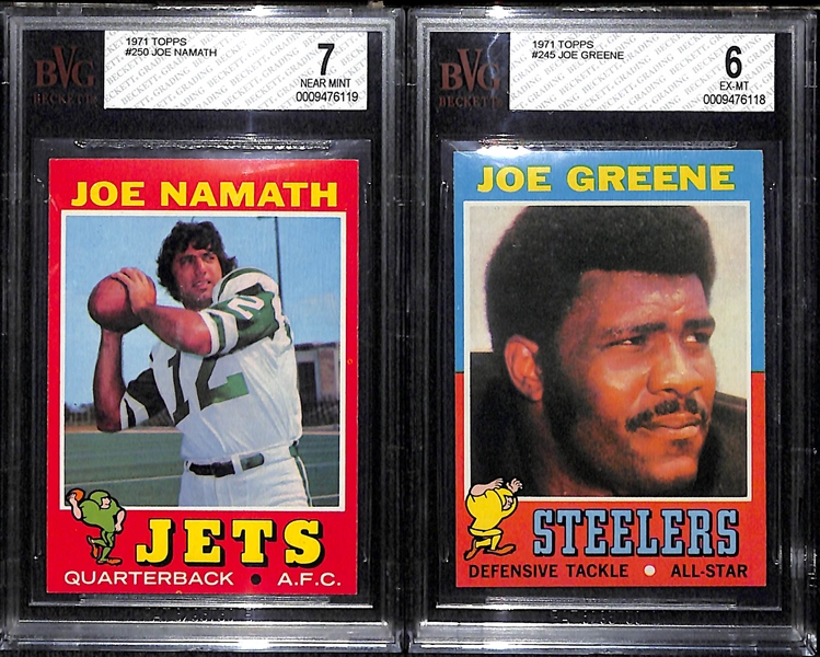 Lot of 2 - 1971 Topps Football Cards - #250 Joe Namath BVG 7 & #245 Joe Greene Rookie Card BVG 6