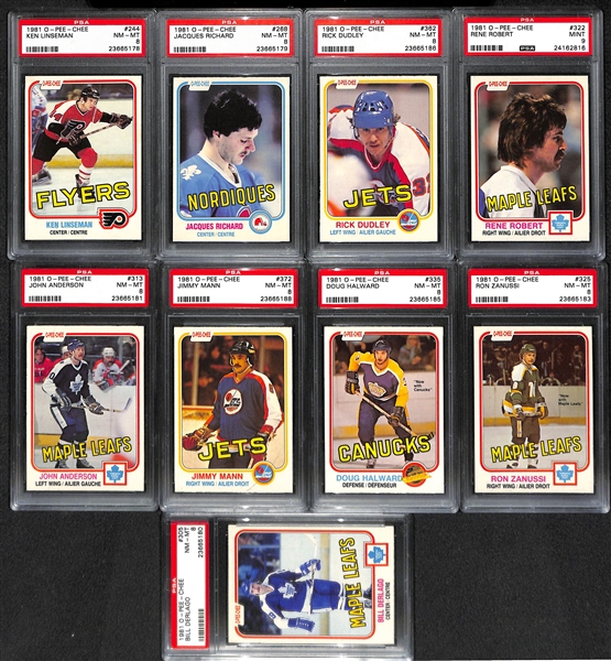 Lot of 9 1981 O-Pee-Chee Hockey Cards w. Kenny Linseman PSA 8 - All PSA Graded 8s & 9
