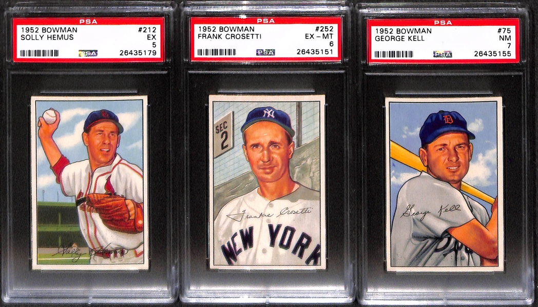 Lot of 7 PSA Graded 1952 Bowman Baseball Cards w/ PSA 7 George Kell, Plus PSA Graded (4/5/6) Stars (Hodges, Bauer, Crosetti, +)