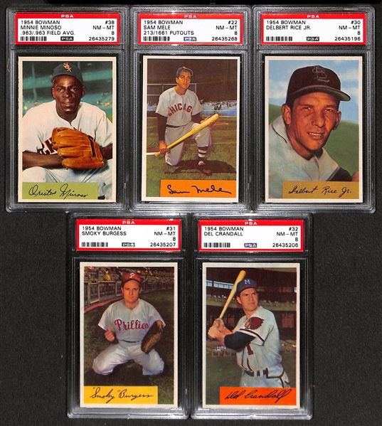 Lot of 5 High Grade 1954 Bowman Baseball Cards (all PSA 8 NM-MT) w/ RARE Minnie Minoso Error SP (.963/.963)
