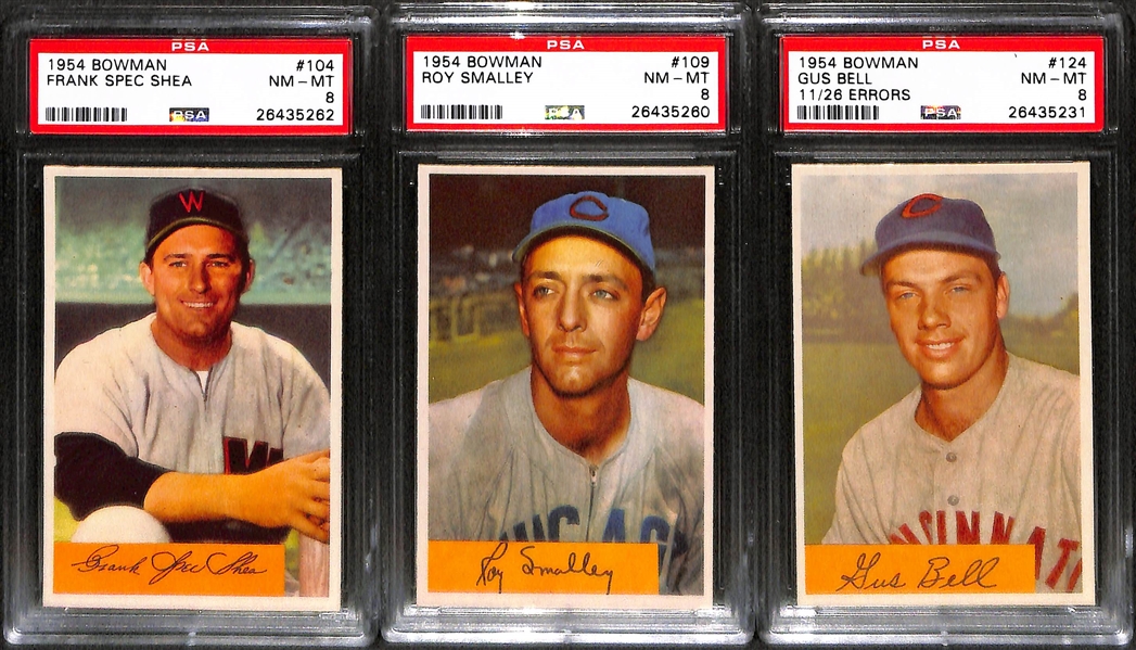 Lot of 5 High Grade 1954 Bowman Baseball Cards (all PSA 8 NM-MT) w/ Schoendienst and Rarer Gus Bell Error