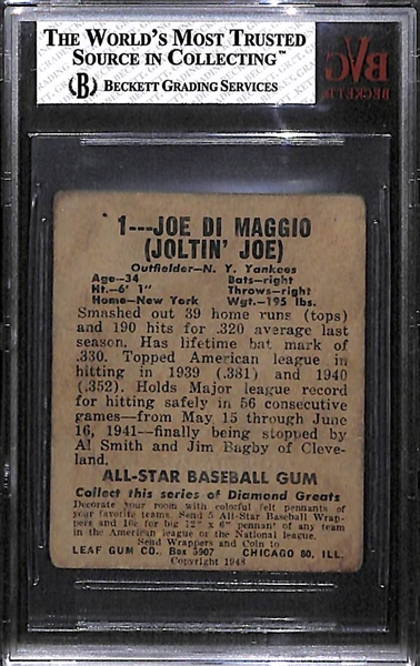 1949 Leaf Joe DiMaggio Card #1 Graded Beckett BVG 2 Good 