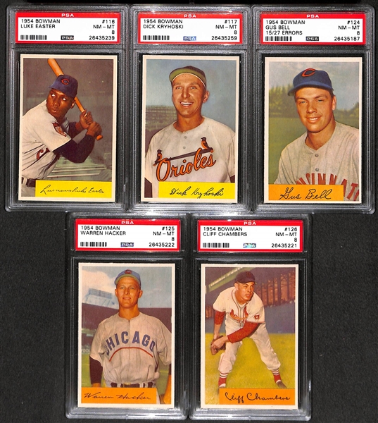 Lot of 5 High Grade 1954 Bowman Baseball Cards (all PSA 8 NM-MT) w/ Luke Easter & Gus Bell