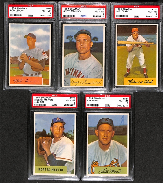 Lot of 5 High Grade 1954 Bowman Baseball Cards (all PSA 8 NM-MT) w/ Bob Lemon and Martin 4.44 ERA Card