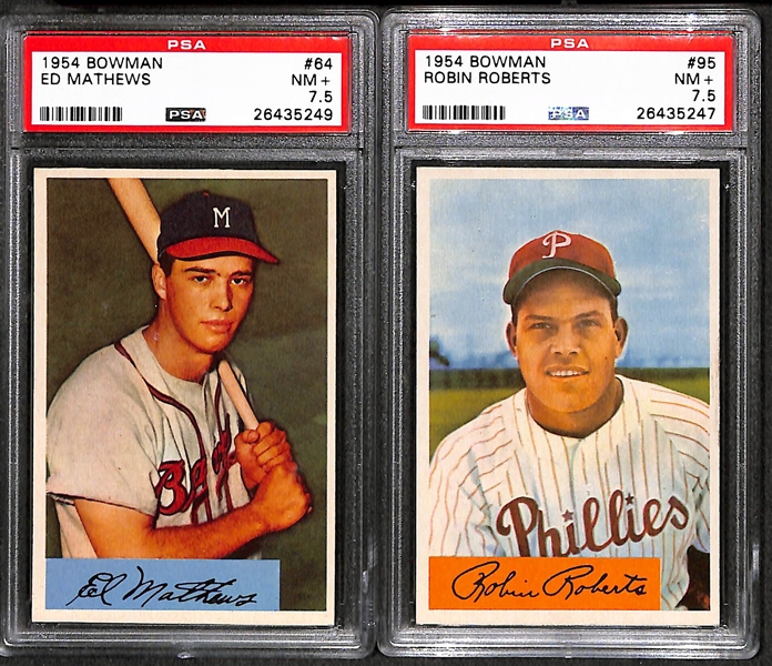 Lot of 5 High Grade 1954 Bowman Baseball Cards (all PSA 7.5 or 8.0 NM-MT) w/ Ed Mathews & Robin Roberts