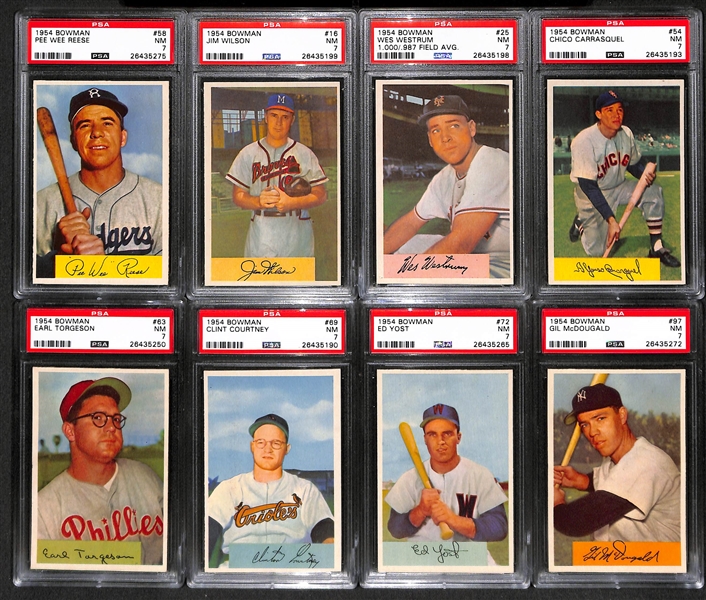 Lot of 8 High Grade (All PSA 7) 1954 Bowman Baseball Cards inc. Pee Wee Reese