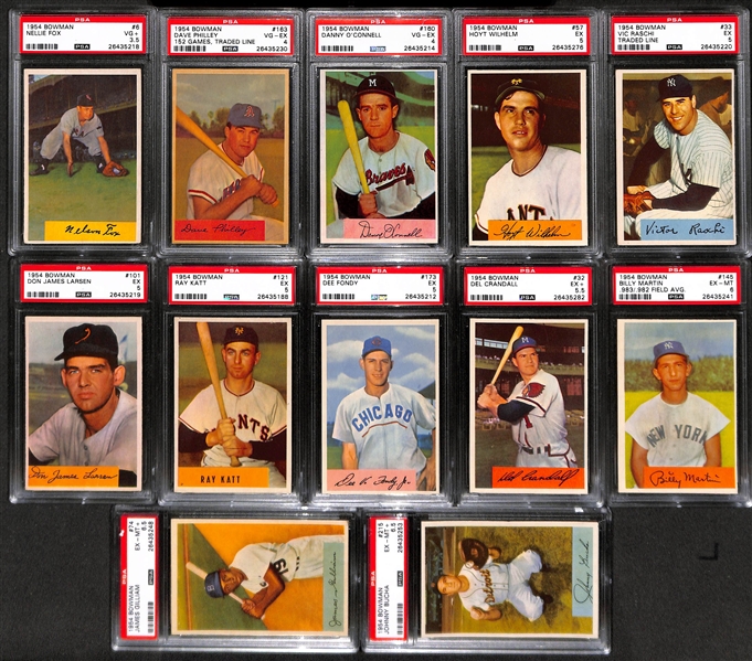 Lot of 12 PSA Graded 1954 Bowman Baseball Cards - Nellie Fox, Wilhelm, B. Martin, Larsen, Gilliam, +