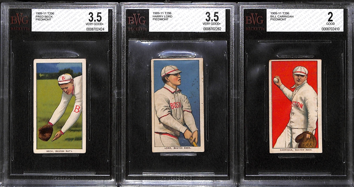 Lot of 3 Boston 1909-11 T206 Cards - Harry Lord (BVG 3.5), Fred Beck (BVG 3.5), Bill Carrigan (BVG 2)