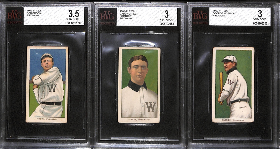 Lot of 3 Washington Senators 1909-11 T206 Cards - Bob Groom (BVG 3.5), Gabby Street (BVG 3.0), George McBride (BVG 3.0)