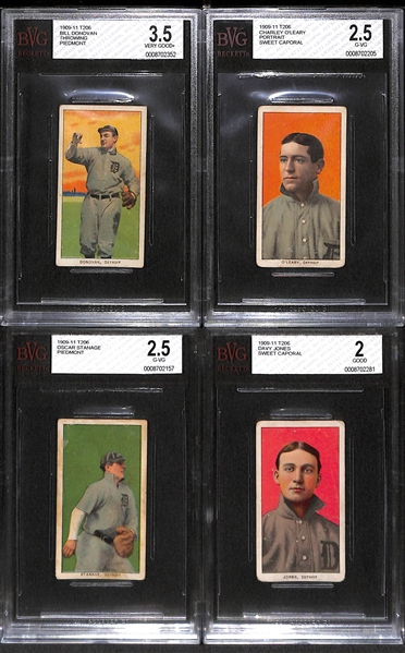Lot of 4 Detroit Tigers 1909-11 T206 Cards - Donovan (BVG 3.5), O'Leary (BVG 2.5), Strange (BVG 2.5) and Jones (BVG 2.0)