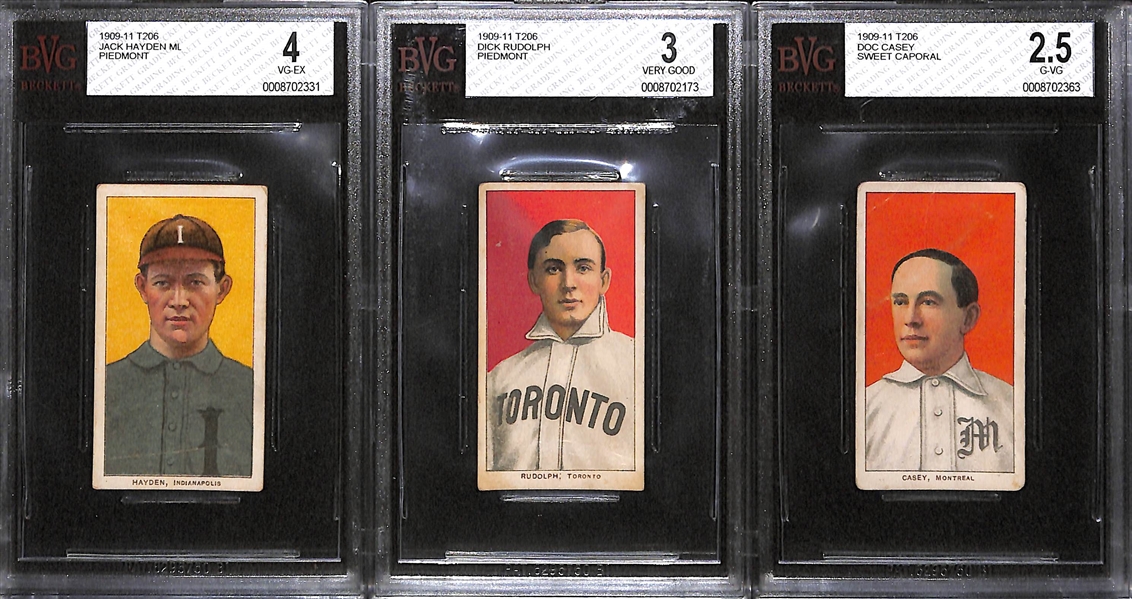 Lot of 3 Minor League 1909-11 T206 Cards - Hayden (BVG 4.0), Rudolph (BVG 3.0), Casey (BVG 2.5)