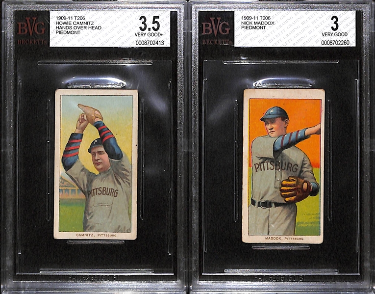 Lot of 2 Pittsburg Pirates 1909-11 T206 Cards - Caminitz Hands Over Head (BVG 3.5), and Maddox (BVG 3.0)