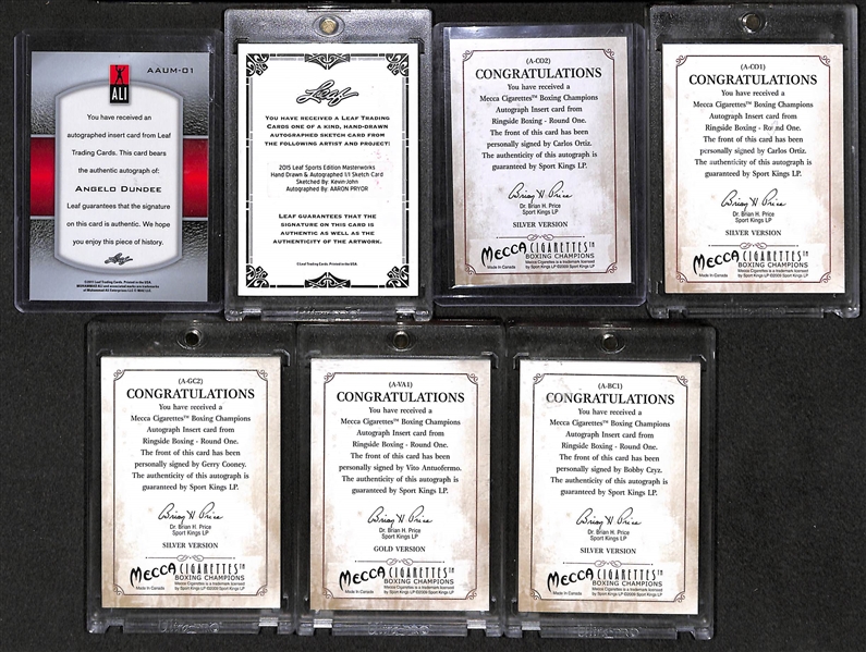 Lot of 7 Rare Boxing Certified Autograph Cards w/ Angelo Dundee, Aaron Pryor 1/1 Art Card, Carlos Ortiz (2), Gerry Cooney, +
