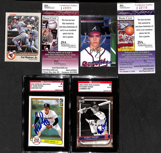 Lot of 4 Autographed Baseball Cards - Cal Ripken Jr., Chipper Jones, Wade Boggs, & Bobby Doerr