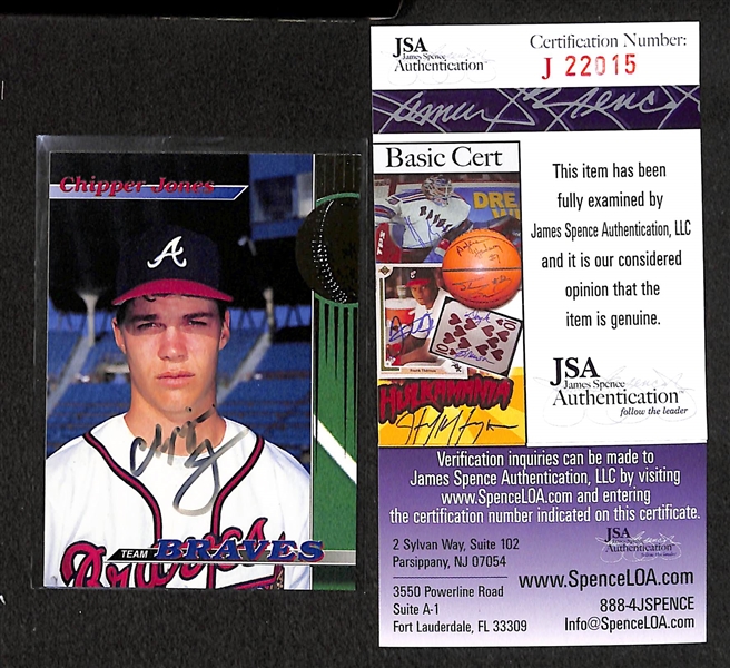 Lot of 4 Autographed Baseball Cards - Cal Ripken Jr., Chipper Jones, Wade Boggs, & Bobby Doerr