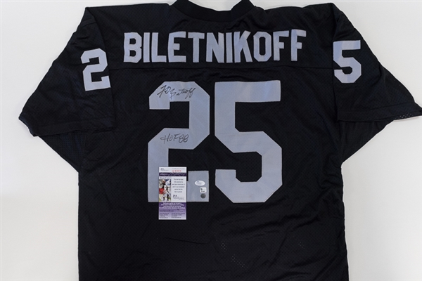 Fred Biletnikoff Autographed Oakland Raiders Style Jersey w/ JSA COA (some wear on jersey)