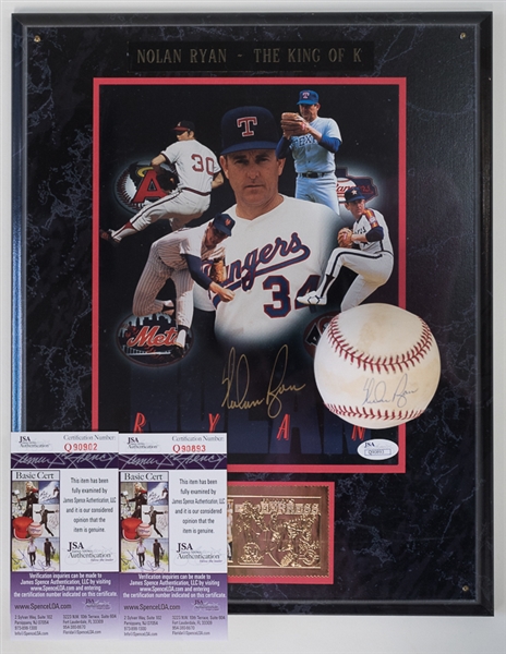 Nolan Ryan Signed Photo Plaque and Baseball (Two Ryan Autographs, JSA COA)