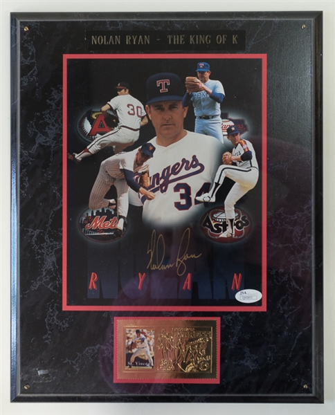 Nolan Ryan Signed Photo Plaque and Baseball (Two Ryan Autographs, JSA COA)