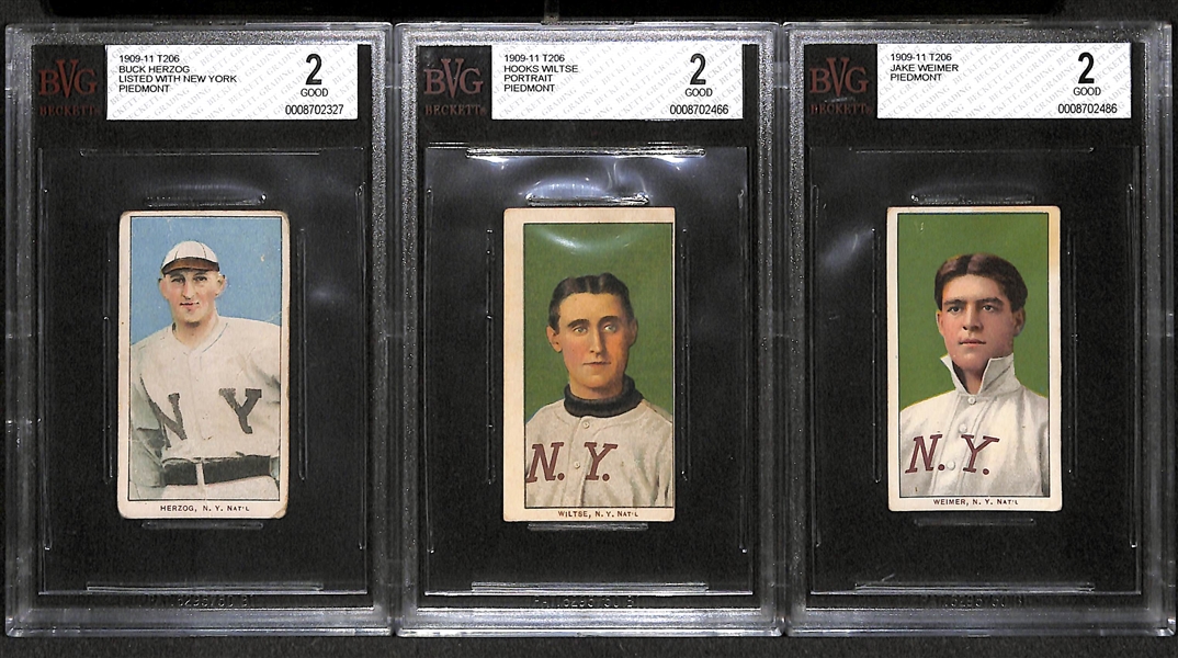 Lot of 3 NY Giants 1909-11 T206 Cards - Buck Herzog (BVG 2.0), Hooks Wiltse (BVG 2.0), Jake Weimer (BVG 2.0)