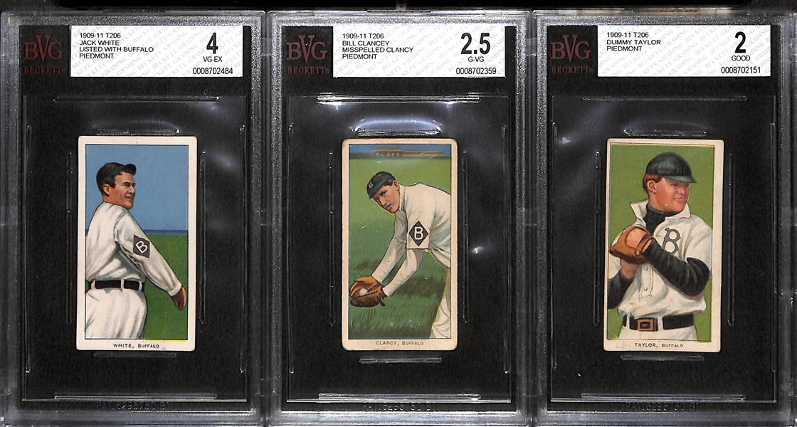 Lot of 3 Buffalo Minor League 1909-11 T206 Cards - Jack White (BVG 4.0), Bill Clancey (BVG 2.5), Dummy Taylor (BVG 2.0)