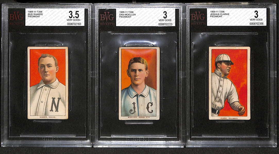 Lot of 3 Minor League 1909-11 T206 Cards - Bud Sharpe (BVG 3.5), Dan Moeller (BVG 3.0), Joshua Clarke (BVG 3.0)