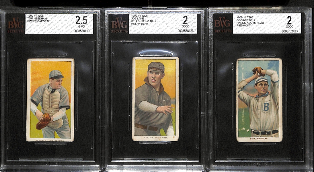 Lot of (3) 1909-11 T206 Cards - Tom Needham (BVG 2.5), Joe Lake (BVG 2.0), George Bell (BVG 2.0)
