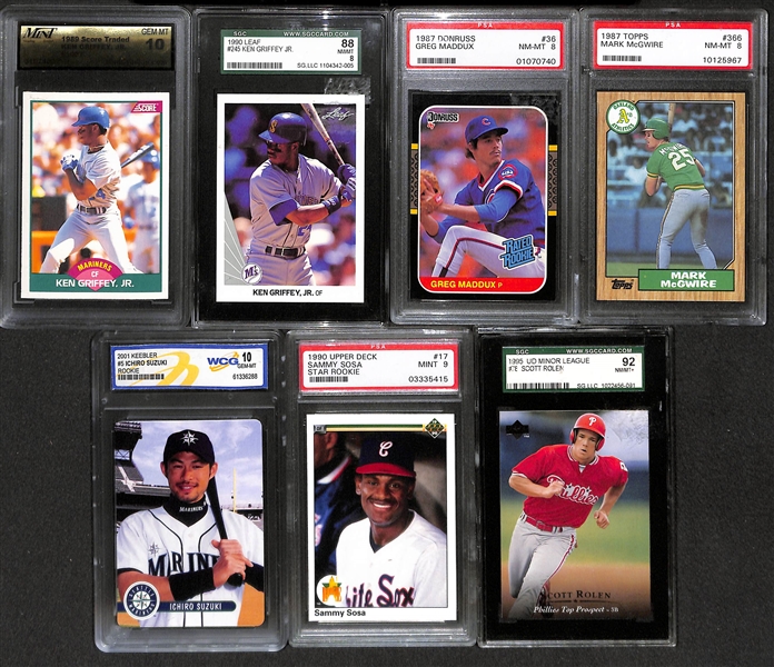 Lot of 20 Graded Baseball Cards Inc. Rookies of Griffey Jr., Maddux, McGwire (1987), Ichiro, Sosa, Rolen, +