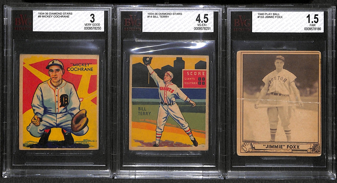 1934-1940 HOF Baseball Card Lot (1934-36 DS Mickey Cochrane BVG 3; 1934-36 DS Bill Terry BVG 4.5; 1940 PB Jimmie Foxx BVG 1.5)