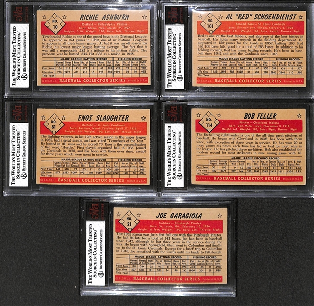 Lot of (5) Graded 1953 Bowman Color Cards w/ HOFers: Schoendienst BVG 6.5; Slaughter BVG 5.5; Feller BVG 5; Ashburn BVG 6.5; and Garagiola BVG 5.5.