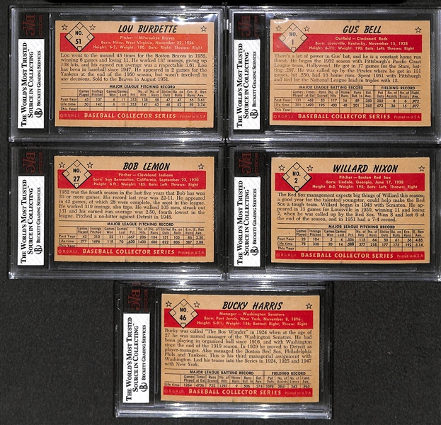 Lot of (5) Graded 1953 Bowman B&W Cards: Lemon BVG 6.5; Nixon BVG 6; Bell BVG 5; Burdette BVG 6.5; and Harris BVG 5.5.