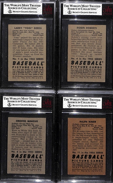 Lot of (4) 1952 Bowman Graded Cards - Berra (#1) BVG 5; Kiner BVG 4, Roberts BVG 5.5, and Minoso BVG 5.5