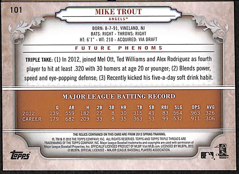 2013 Topps Triple Threads Mike Trout Autograph Jersey Relic Card #3/75
