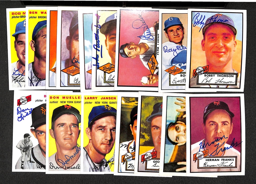 Lot of 16 NY Giants & Brooklyn Dodgers Autographed 1952/1954 Topps Archives Cards w/ Bobby Thomson, Rocky Bridges, Clem Labine, +