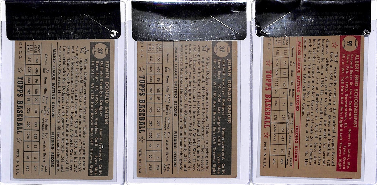 1952 Topps HOF Lot of 3 - (2) Duke Snider #37 (both BVG 4.0) and (1) Red Schoendienst #91 (BVG 5.0)
