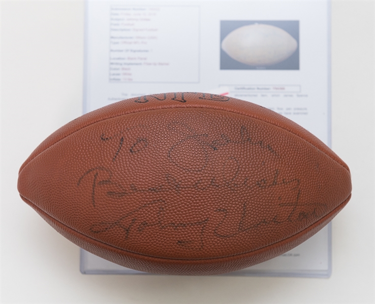 Football Legend Johnny Unitas Autographed Wilson USA Football (JSA Letter of Authenticity) Inscribed To John, Best Wishes