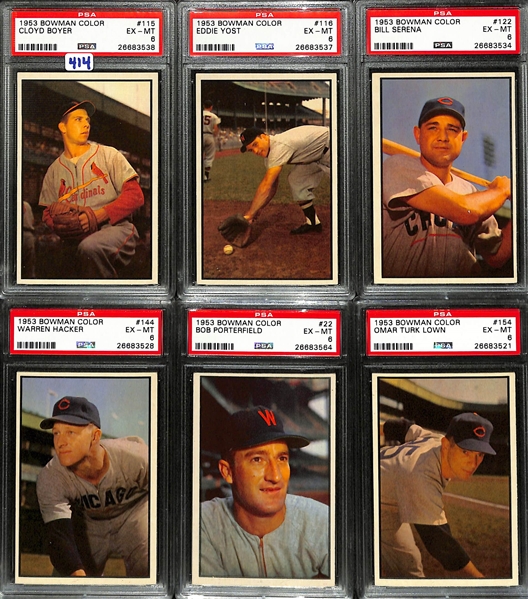 1953 Bowman Color PSA 6 Graded Lot of (6) - Yost #116; Boyer #115; Serena #122; Porterfield #22; Hacker #144; and Lown #154 