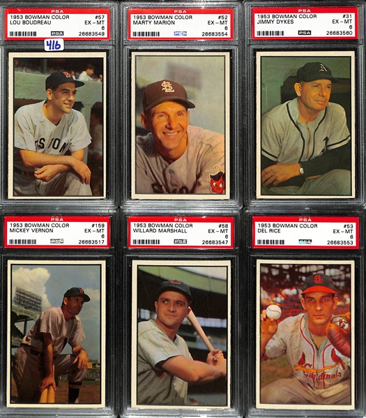 1953 Bowman Color PSA 6 Graded Lot of (6) - Boudreau #57; Vernon #159; Rice #53; Marion #52; Dykes #31; and Marshall #58 