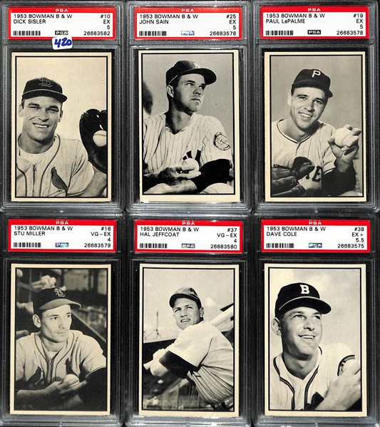 Lot of (6) 1953 Bowman B&W PSA Graded Cards w/ Sisler & Sain