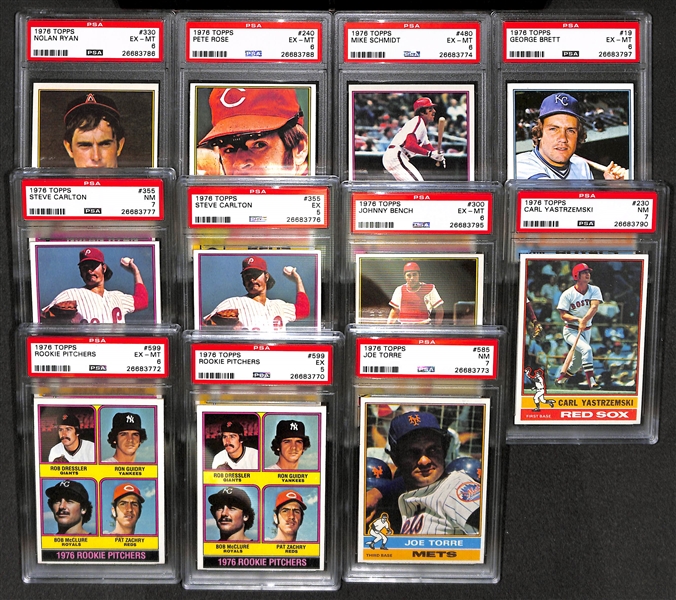 (11) PSA Graded 1976 Topps Cards - Ryan, Rose, Schmidt, Brett, Carlton, Bench, Yaz, Guidry, Torre