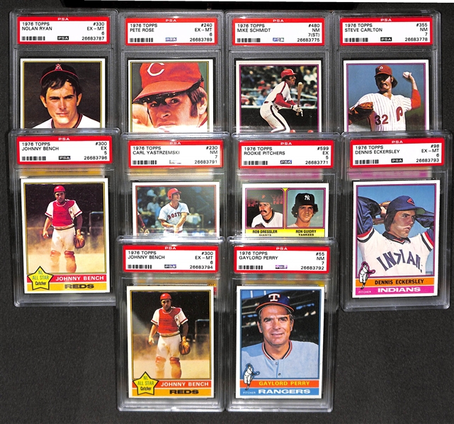 (10) PSA Graded 1976 Topps Cards - Ryan, Rose, Schmidt, Carlton, Bench, Yaz, Guidry, Perry, Eckersley